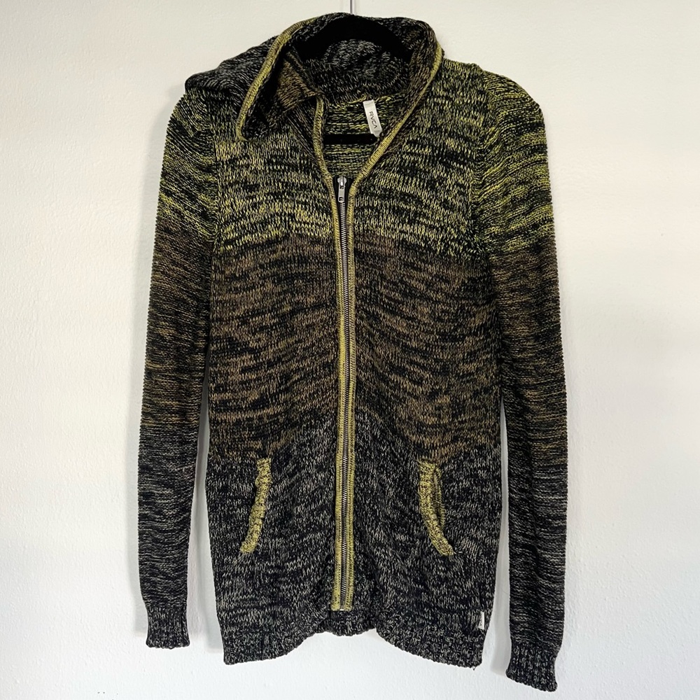RVCA Knit Zip Up Sweater Cardigan Jacket Green Tones Hooded